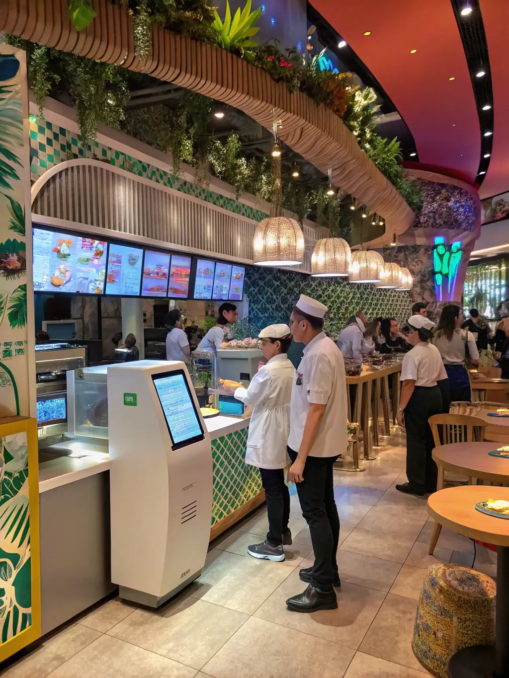 A vibrant image depicting a modern restaurant setting with AI-powered ordering kiosks and automated kitchen systems, showcasing dBlytics' AI solutions for the restaurant industry.