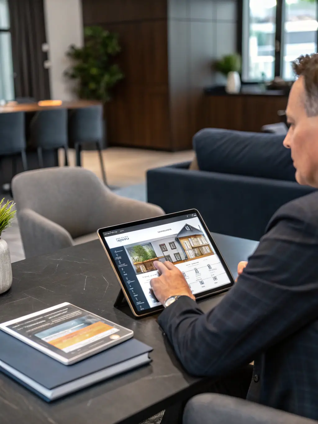 A professional image of a real estate agent using an AI-powered tool on a tablet to analyze market trends and present property insights to a client, representing dBlytics' AI solutions for real estate.