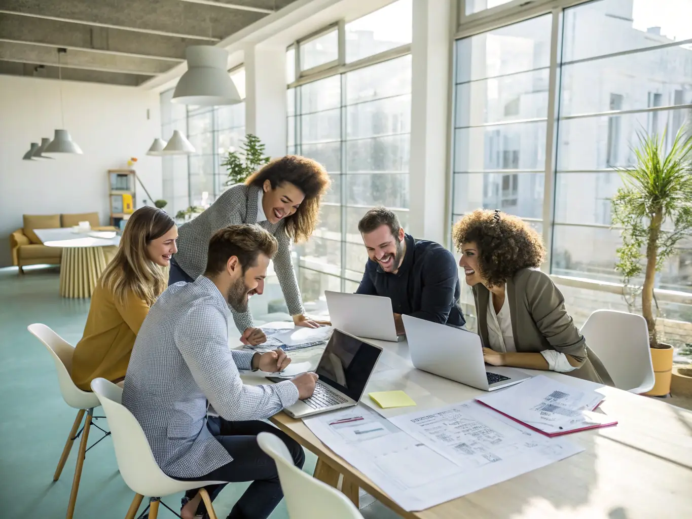 A group of young professionals collaborating in a modern office space, symbolizing dBlytics' partnerships with startups.