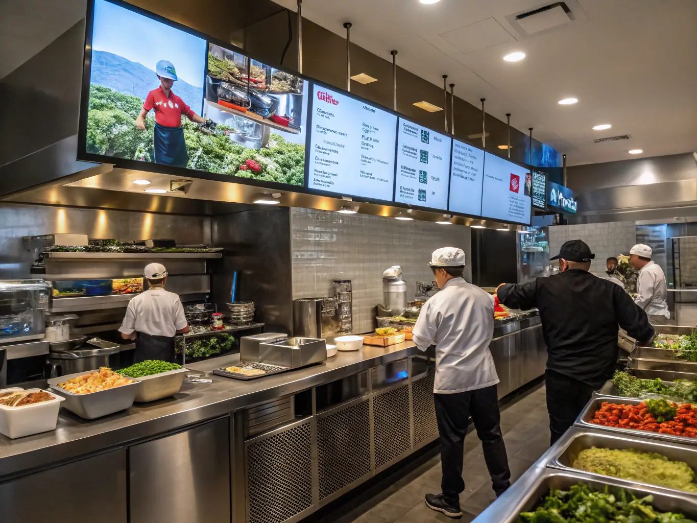 A bustling restaurant kitchen with AI-powered order management system displayed on a screen, showing real-time order tracking and optimized workflow.